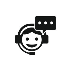 Smiling face wears a headset with a speech bubble symbolizing communication and support