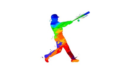 Fototapeta premium Dynamic baseball player swinging bat in vibrant, colorful silhouette, capturing athletic energy and motion