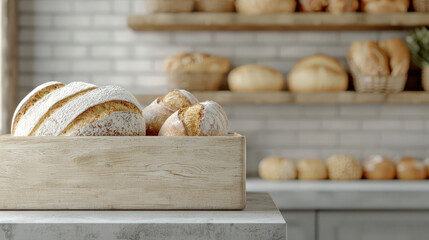 Fresh bread rustic bakery wooden shelf artisan loaf flour dust natural light warm kitchen cozy mood Fresh bread rustic bakery