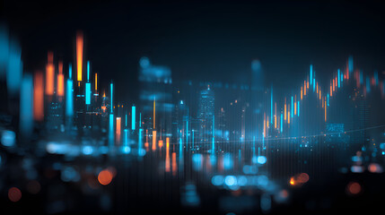 Stock market chart showing growing investment over a blurred cityscape at night