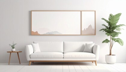 Fototapeta premium Modern living room design with white sofa and art minimalist interior contemporary style bright atmosphere wide angle view cozy living space