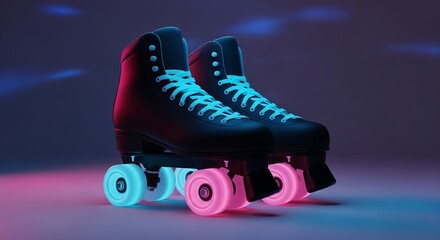 Retro roller skates with glowing wheels in a dark room with neon lights
