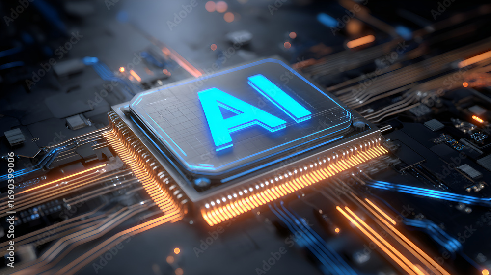 Poster artificial intelligence chip illuminating futuristic circuitry and motherboard
