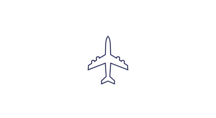 Fototapeta premium A minimalist dark blue line art icon of a passenger airplane viewed from above on a white background.