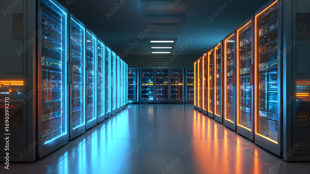 Poster server room hosting big data with futuristic lighting reflecting on floor