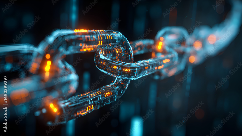 Poster glowing digital blockchain connecting showing futuristic technology