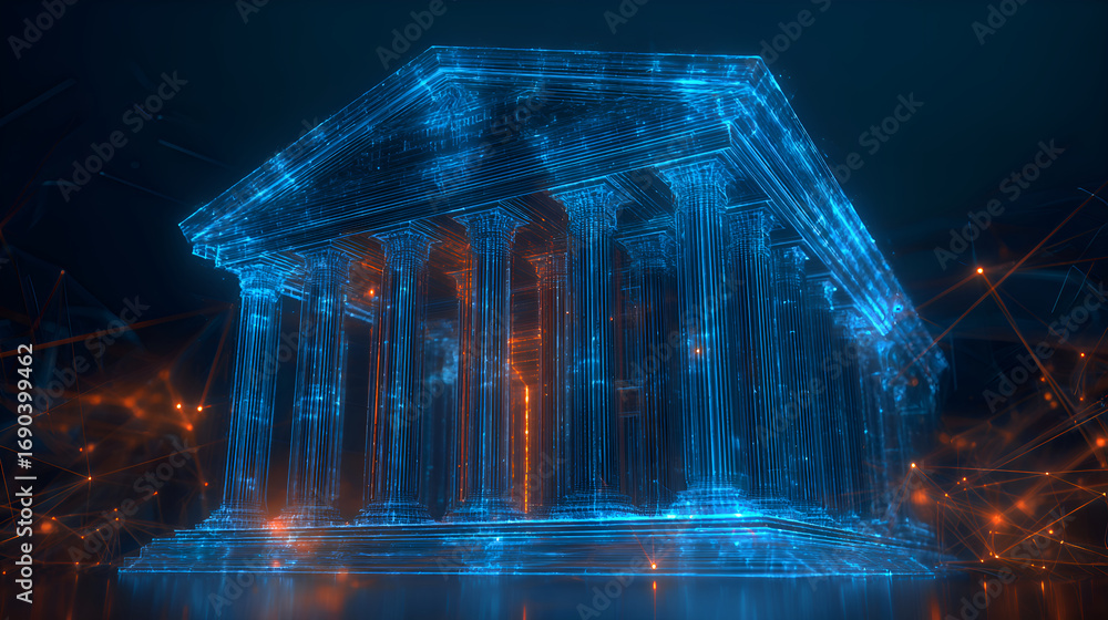 Poster futuristic bank building with glowing plexus effect and particles
