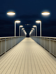 Obraz premium Futuristic bridge night illuminated panels modern architecture walkway symmetry minimal serene mood