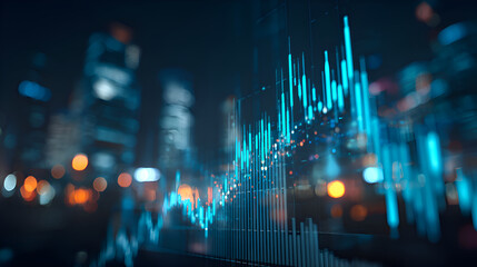 Growing financial chart showing increasing profits over blurred city background