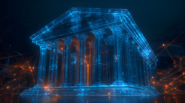 Futuristic bank building with glowing plexus effect and particles