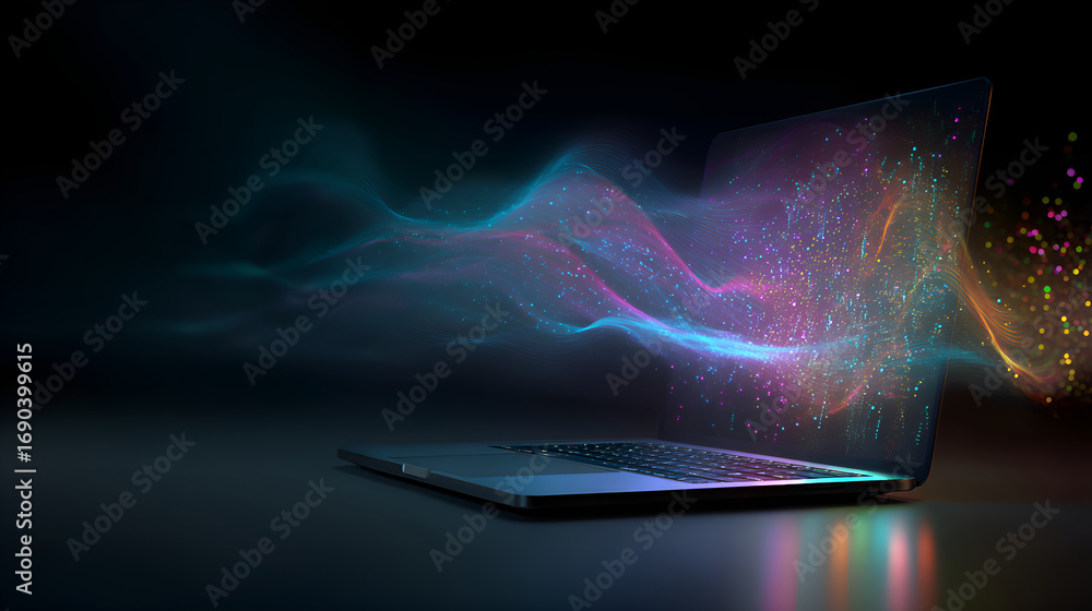 Poster laptop emitting colorful particle streams in a dark environment