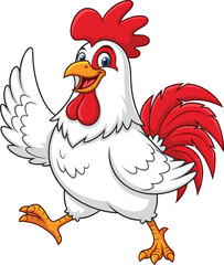 Cheerful Cartoon Rooster Walking with Raised Wings, Red Comb and Tail, Perfect Farm Animal Character for Kids Projects and Education