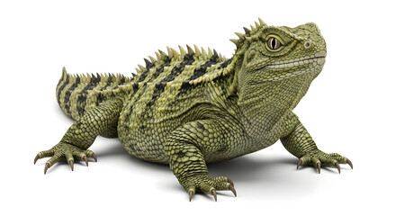 Naklejka premium A green tuatara with a spiky crest and dark stripes, standing alertly on a plain white background, isolated and looking towards the viewer.