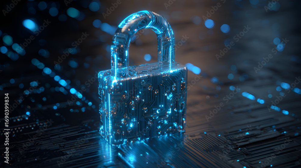 Poster glowing digital padlock protecting data on circuit board