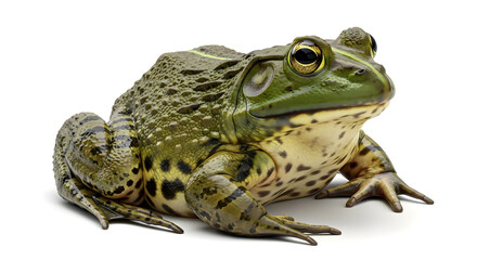 Close-up of a green frog with a textured skin, sitting on a white background.