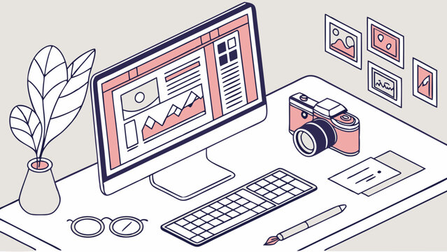 Isometric illustration of a designers workspace with computer camera and art supplies.