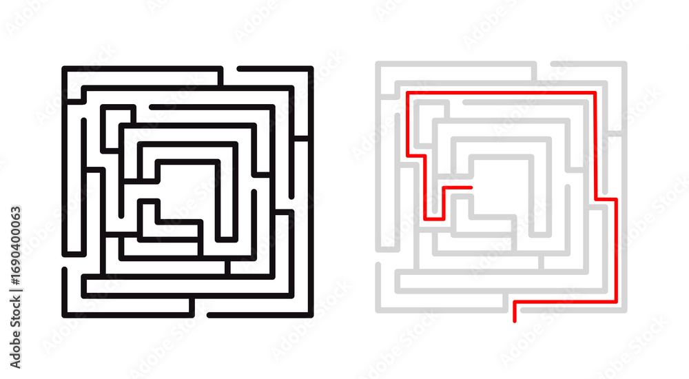 Poster complex square maze with a black outline and a separate version showing the solved path in red. a ve