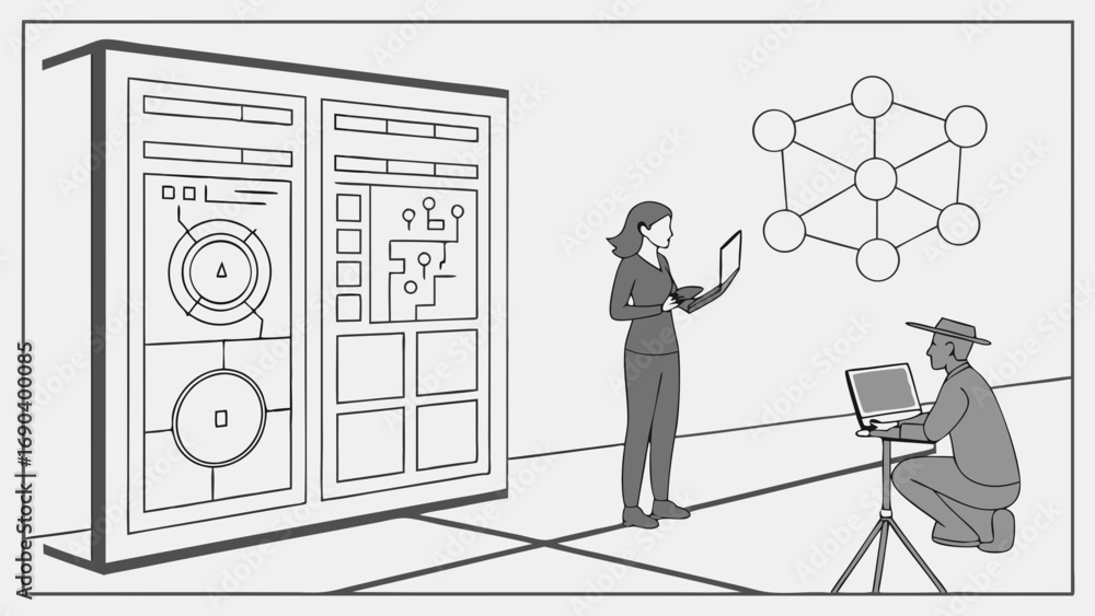 Wall mural illustration of two individuals working on laptops near a large technological display showing networ