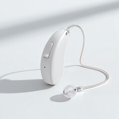 Modern white hearing aid on clean surface.