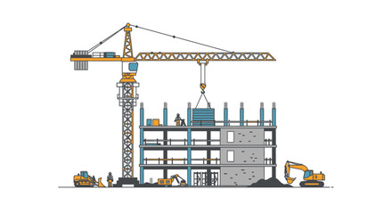 Construction Site with Crane and Building Under Construction Illustration