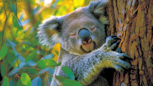 Lazing koala comfortably nestled among the lush branches of a towering eucalyptus tree - Powered by Adobe