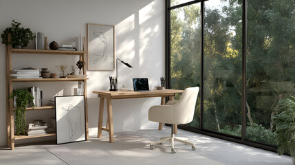 Obraz premium Home office with desk, chair, and large window overlooking nature