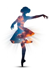 High quality stock image showing Ballet dancer silhouette sunset Silhouette of a ballerina en pointe overlaid with a vibrant sunset sky evokes grace serenity and artistic expression