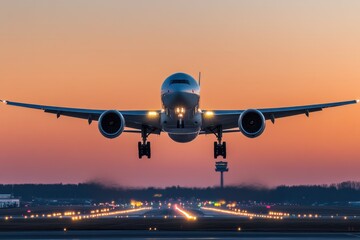 Large passenger airplane landing at sunset with runway lights glowing and control tower silhouette