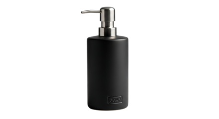 Black soap dispenser with silver pump isolated on transparent background