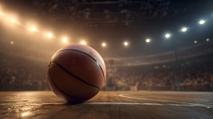 Basketball lying on hardwood court in arena before game