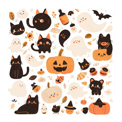 Fototapeta premium Cute Halloween illustration, smiling pumpkin jack-o'-lanterns, black cats with big eyes, little ghosts waving, pastel color palette, cartoon style, kawaii aesthetic, playful atmosphere