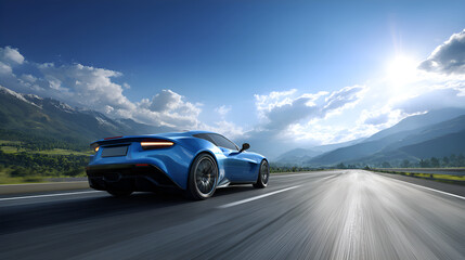 Fototapeta premium Blue sports car driving on scenic mountain highway