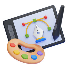 PNG 3D Graphic tablet with digital pen and color palette Icon Isolated on a White Background
