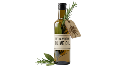 Bottle of extra virgin olive oil with herbs and tag isolated on transparent background
