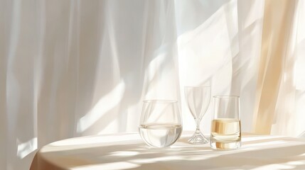 Soft Light Reflection on Glassware and Tabletop with Draped Fabric
