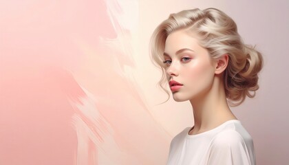 Elegant female portrait in soft color palette studio setting fashion photography natural light profile view beauty concept