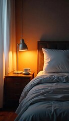 Cozy bedroom scene with warm, inviting bedside lighting creating a relaxing ambiance Perfect for interior design, home decor, and sleep-related projects , home, glow