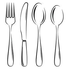 Tableware icons are creatively displayed as knife, fork, and spoon on a simple white background