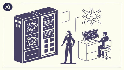 Isometric Illustration of Data Scientists Working with AI and Network Graphics.