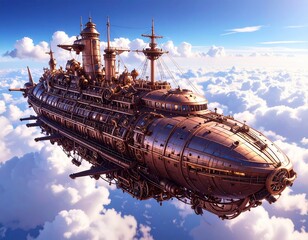 Futuristic Steampunk Battleship Soaring Through the Skies