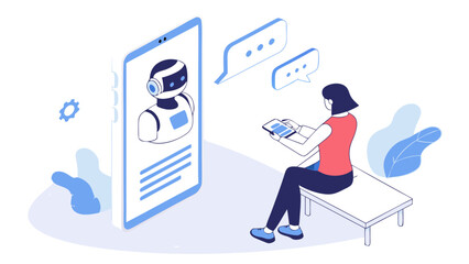 Isometric Illustration of Person Chatting with AI Chatbot on Smartphone.