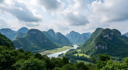 mountain landscape with lake and mountains