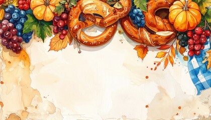 Fototapeta premium Harvest festival celebration with pretzels and autumn produce scenic park digital artwork colorful atmosphere top-down view seasonal joy