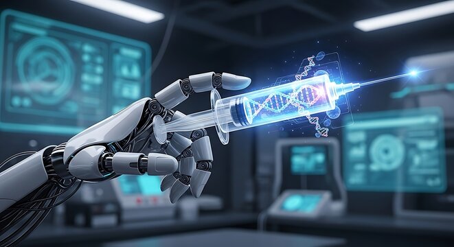 Robotic arm holds syringe with glowing dna strand in futuristic laboratory, symbolizing advanced medical technology and scientific innovation.