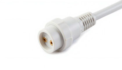 White electrical plug connector with metallic pins on white background  
