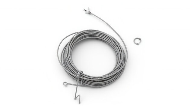 Steel wire rope coil with clamp and ring on white background  