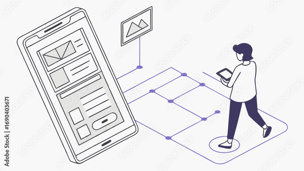 Wall mural isometric illustration of person using mobile device and tablet connected network digital technology