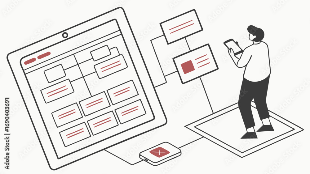 Wall mural isometric illustration of person using tablet and smartphone for project management or workflow visu