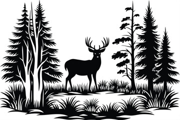 The solitary deer silhouette stands majestically amidst the shadowy evergreen forest with dense undergrowth below