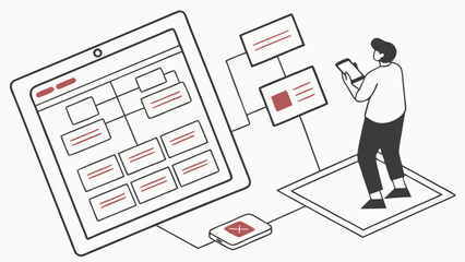 Isometric Illustration of Person Using Tablet and Smartphone for Project Management or Workflow Visualization.